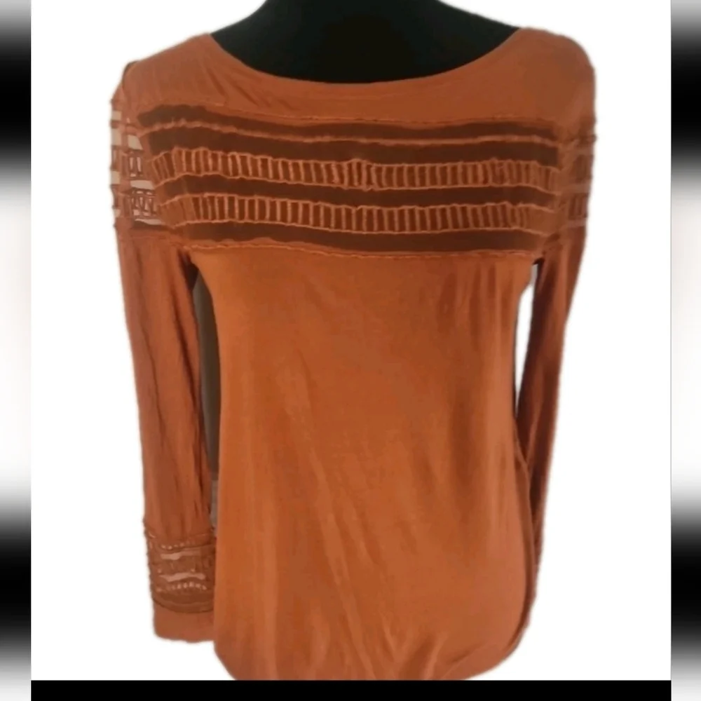Free People Womens Brown Mesh Inset Tee Casual Trendy Long Sleeve Top S